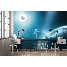 Een fotobehang met een astronaut en sterren in een ruimtethema, perfect voor een gamekamer.