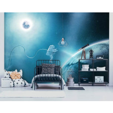 Een fotobehang met een maanlandschap met een astronaut, speciaal ontworpen voor een kinderkamer.