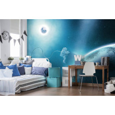 Een fotobehang met een astronaut op de maan, geschikt voor een slaapkamer.