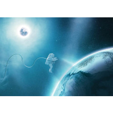 Astronaut die op de maan staat, met de aarde op de achtergrond op dit fotobehang met een maanlandschap.