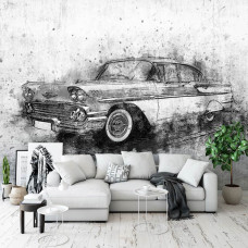 Een retro autobeeld schildering fotobehang voor de huiskamer.
