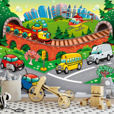 Een fotobehang met auto's voor de kinderkamer en babykamer.