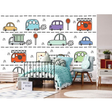 Een fotobehang met auto's voor kinderen in de kinderkamer en babykamer.