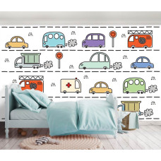 Een fotobehang met auto's voor kinderen in de kinderkamer en jongenskamer.