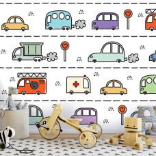 Een fotobehang met auto's voor kinderen in de kinderkamer en babykamer.