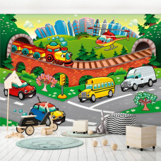 Een fotobehang met auto's voor de kinderkamer en speelkamer.