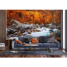 Fotobehang Autumn River. Fotobehang met een herfstlandschap van een rivier.