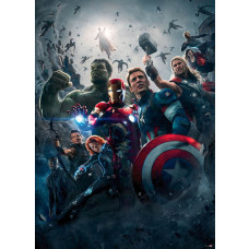 Fotobehang Avengers Age of Ultron Movie Poster met Iron Man, Captain America, Thor, Hulk, Black Widow, Hawkeye en Nick Fury tijdens een epische strijd.