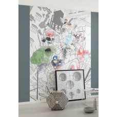 Een fotobehang met Avengers in aanvalshouding te zien in de kinderkamer.