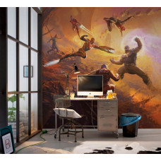 Een fotobehang van de Avengers in een epische strijd met Titan te zien in de kinderkamer.