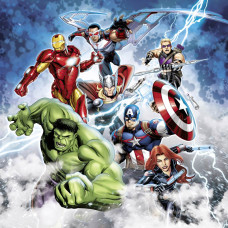 Marvel Avengers fotobehang met Iron Man, Hulk, Thor, Captain America, Black Widow, Hawkeye en Falcon in een dynamische actiescène.