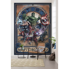 Een fotobehang van de Avengers in ornamentstijl van Marvel te zien in de kinderkamer.