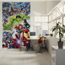 Fotobehang Avengers Protect in een gamekamer met Iron Man, Hulk, Thor, Captain America en andere Marvel superhelden.