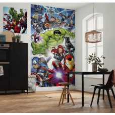 Fotobehang Avengers Protect in een kinderkamer met Iron Man, Hulk, Thor, Captain America en andere Marvel superhelden op een dynamische achtergrond.