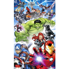 Marvel Avengers fotobehang met Iron Man, Hulk, Thor, Captain America, Black Widow, Black Panther en andere superhelden in een kleurrijke actiescène.