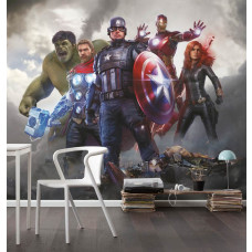 Fotobehang Avengers Samen Tegen Het Kwaad in een kinderkamer met Hulk, Thor, Captain America, Iron Man en Black Widow op een spectaculaire Marvel achtergrond.