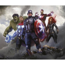 Marvel Avengers fotobehang met Hulk, Thor, Captain America, Iron Man en Black Widow die samen klaarstaan voor de strijd tegen het kwaad.