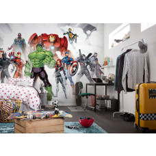 Een fotobehang van de Avengers Unite van Marvel te zien in de kinderkamer.