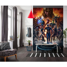 Een fotobehang van de Avengers tegen Thanos van Marvel te zien in de kinderkamer.