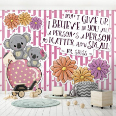 Een fotobehang met een spreuk en koalaberen voor de kinderkamer.