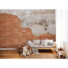 Een industrieel fotobehang van een rode bakstenen muur met betonelementen te zien in de huiskamer.