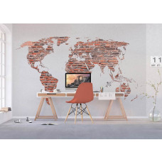 Een fotobehang van een wereldkaart in baksteenmotief, ideaal voor het creėren van een stoere en wereldse sfeer in een kantoor.