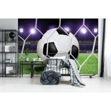 Een fotobehang met een voetbal dat in het doel belandt, weergegeven op een grasveld in een stadion.