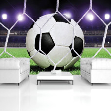 Een fotobehang met een voetbal in het doel van een stadion, perfect voor een slaap- of kinderkamer.