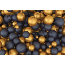 Fototapete mit goldenen und schwarzen Kugeln in 3D auf dunklem Hintergrund für einen luxuriösen und räumlichen Effekt.