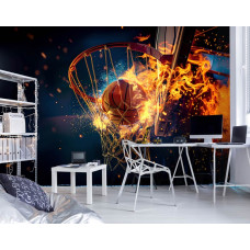 Een fotobehang met een basketbal in vlammen, ideaal voor een gamekamer.