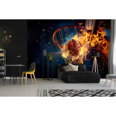 Een fotobehang met een basketbal in vlammen, perfect voor een tienerkamer.