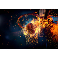 Fotobehang van een basketbal met vurige effecten, in een intense en sportieve setting.