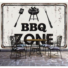 Een fotobehang van een BBQ-zone voor vlees en horeca in een restaurantomgeving.