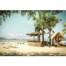 Beach bar aan een tropisch strand met palmbomen en helderblauwe zee, perfect fotobehang voor een zomerse en ontspannen sfeer.
