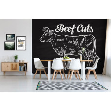 Een fotobehang van een krijtbord met vleesafsnedes van koe voor de eetkamer.