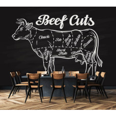 Een fotobehang met een krijtbordontwerp van koeienvlees voor restaurants en horeca in de keuken.