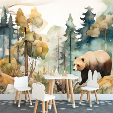 Een fotobehang met beren in een boslandschap, weergegeven in zachte aquarelkleuren, perfect voor een kinderkamer.