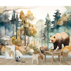 Een fotobehang van beren in een bos, geschilderd in aquarelstijl, ideaal voor een kinderkamer.