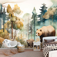 Een fotobehang van beren en bosdieren met waterverfeffecten voor een sfeervolle kinderkamer.