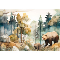 Beren die door een bos trekken, afgebeeld in een aquarelstijl op dit natuurgetrouwe fotobehang.