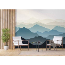 Een fotobehang van een bergachtig landschap met illustraties in een bedrijfruimte.