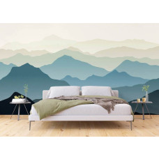 Een fotobehang van een bergachtig landschap met illustraties in een slaapkamer.