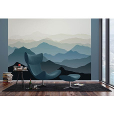 Een fotobehang van een bergachtig landschap met illustraties in een woonkamer met vliesbehang en Airtex.