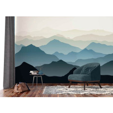 Een fotobehang van een bergachtig landschap met illustraties in een woonkamer.
