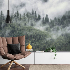 Een fotobehang met een mistig bergbos vol dennen in een huiskamer.