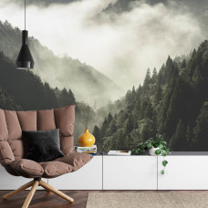 Een fotobehang met een betoverend berglandschap gehuld in mist, perfect voor een huiskamer.