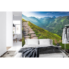 Een fotobehang met een avontuurlijk bergpad door een weelderig landschap, geschikt voor een slaapkamer.