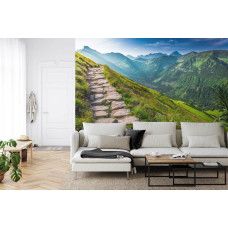 Een fotobehang met een rustgevend bergpad dat zich uitstrekt langs hoge toppen, perfect voor een woonkamer.