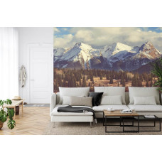 Een fotobehang met een indrukwekkend landschap van bergen en bossen, geschikt voor een huiskamer.