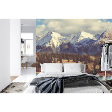 Een fotobehang met een rustig uitzicht op bergtoppen en boslandschappen, ideaal voor een slaapkamer.